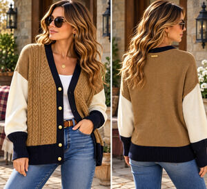 Barbour Marcy Cardigan US 10 Camel Navy Cable Knit Wool Cashmere Colorblock
